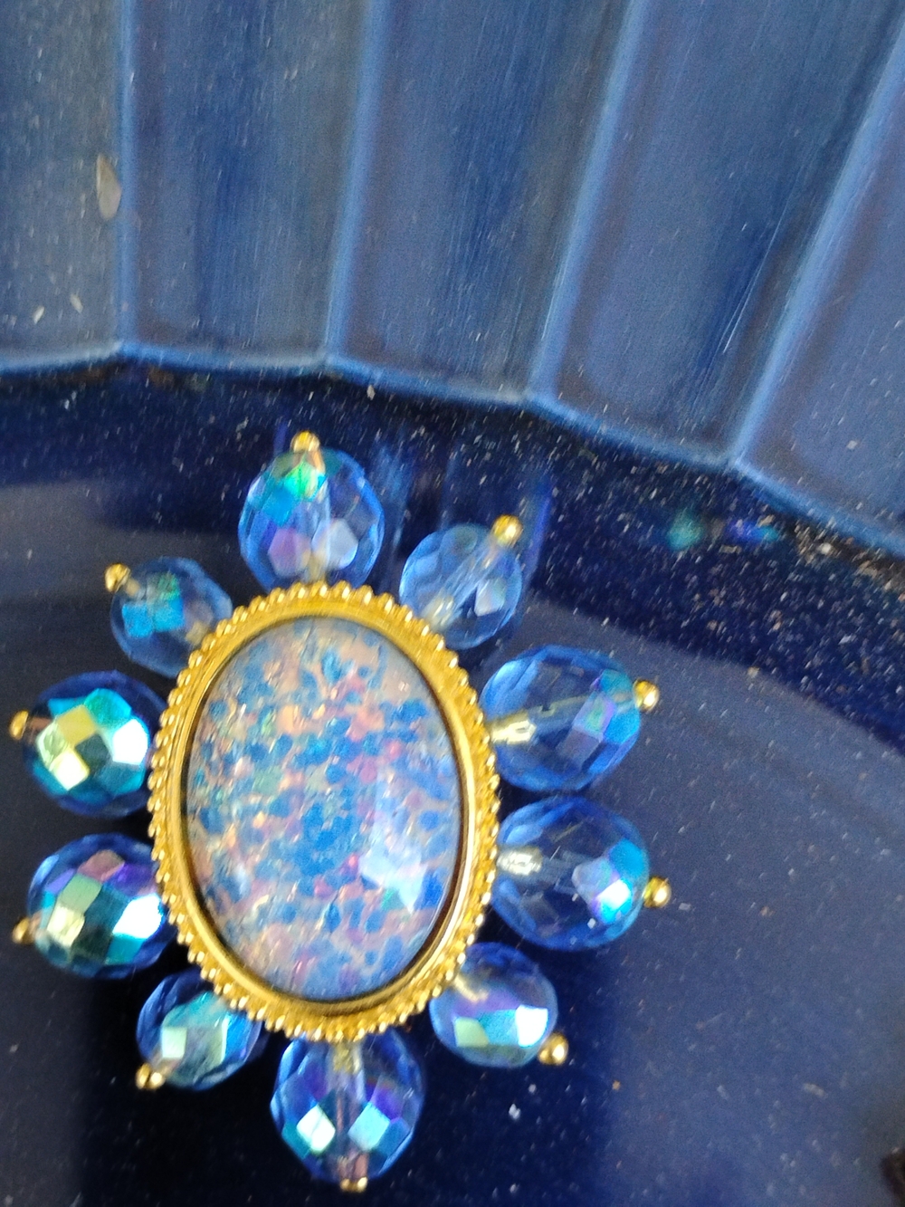 Blue Opal-Effect Gold Floral Brooch - Women Jewelry